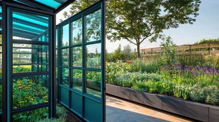 A garden room with teal glass windows, overlooking a modern herb garden High-resolution image capturing contemporary outdoor living