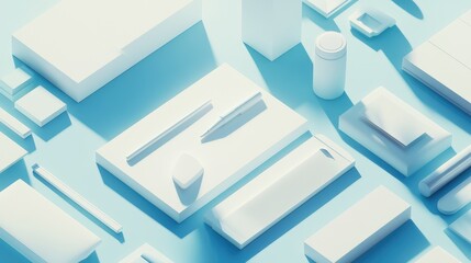 Fototapeta premium Simplified supplies arranged in an abstract, geometric layout, with clean lines and sharp angles, all floating in a minimalist 3D space.