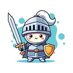 kawaii knight with sword and shield, cute cartoon character vector illustration
