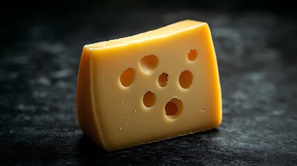 Single slice of Swiss cheese with distinct holes, spotlighted on a solid dark matte surface. Subtle lighting from left side, smooth shadows, high contrast, minimalist design, isolated subject,
