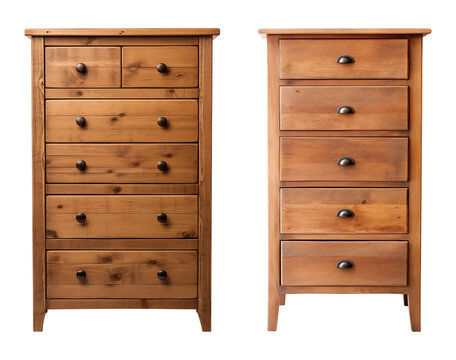 Tall wooden dressers with multiple drawers isolated on white background