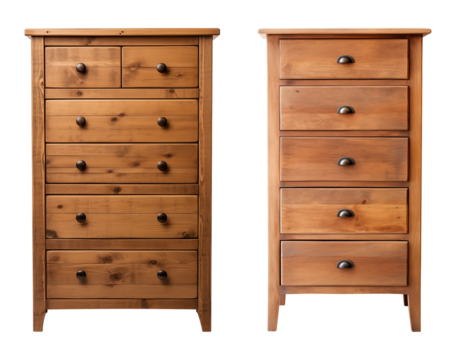 Tall wooden dressers with multiple drawers isolated on white background