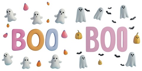 3D set of Colorful Halloween-themed design featuring playful ghosts, pumpkins, and the word 'BOO' on a white background, perfect for festive occasions.
