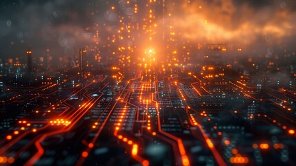 Obraz premium Bright circuits pulse with energy in intricate patterns, showcasing the beauty of technology and digital design in a futuristic landscape