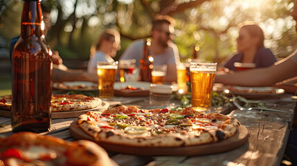 Fototapeta premium Friends enjoying pizza and beer at an outdoor gathering. Multiple pizzas with various toppings are spread across a large wooden picnic table, alongside chilled beer bottles