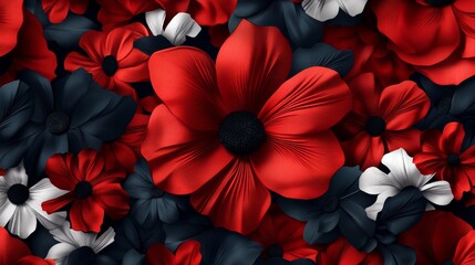 Obraz premium Vibrant Red, Black, and White Floral Pattern with Bold Poppy Flowers in Full Bloom