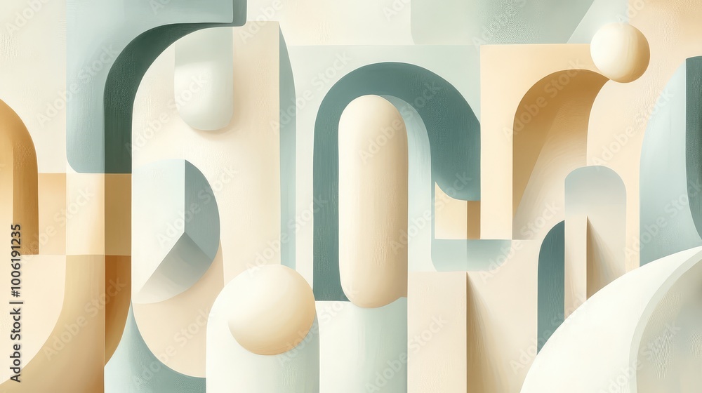 Poster softly curved abstract supplies float in a light gradient space, each tool symbolized by a unique ge