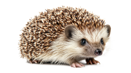 Curious hedgehog sitting quietly on a white surface in a bright, minimalistic setting