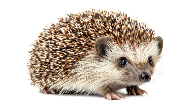 Curious hedgehog sitting quietly on a white surface in a bright, minimalistic setting