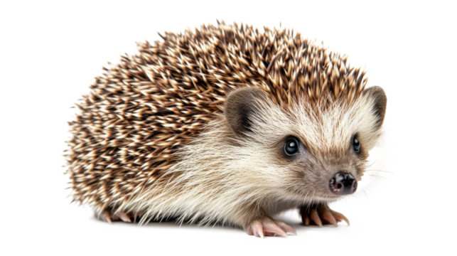 Curious hedgehog sitting quietly on a white surface in a bright, minimalistic setting