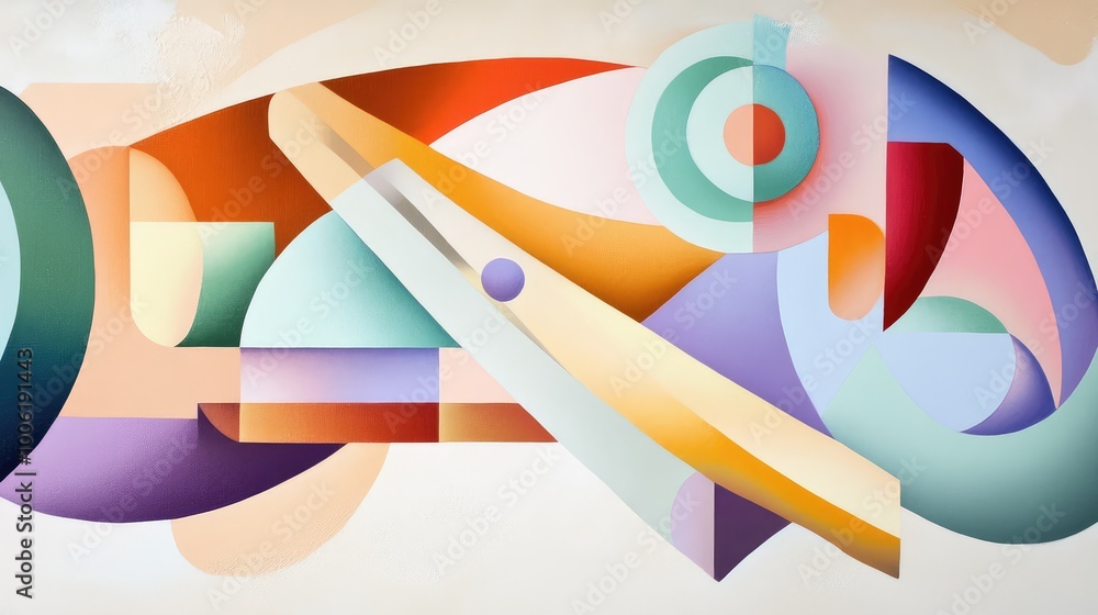 Poster softly curved abstract supplies float in a light gradient space, each tool symbolized by a unique ge