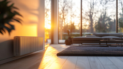 Obraz premium A modern radiator in a minimalist living room, bathed in sunlight from large windows. The warm glow of the radiator contrasts with the chilly outdoor scenery.
