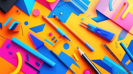 Supplies breaking down into abstract shapes, with pens, brushes, and rulers transforming into geometric symbols on a vibrant background.