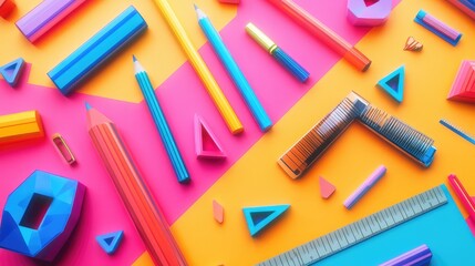 Fototapeta premium Supplies breaking down into abstract shapes, with pens, brushes, and rulers transforming into geometric symbols on a vibrant background.