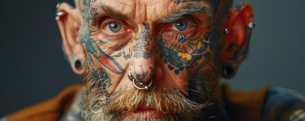 Close-up portrait of elderly man with detailed facial tattoos and piercings. Free copy space for banner.