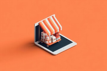 A digital marketplace concept showcasing a vibrant store emerging from a tablet, symbolizing online shopping innovation.