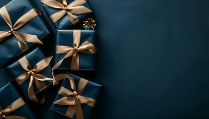 Navy blue gift boxes tied with beige ribbon on a navy blue background