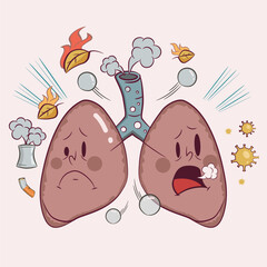A cartoon illustration of unhealthy lungs exposed to toxins
