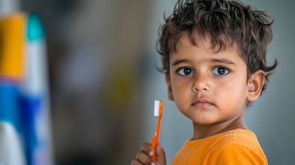 A cheerful young Indian boy stands in a well-lit bathroom, holding a toothbrush and practicing proper brushing technique in front of a mirror, ready to share tips for good dental care