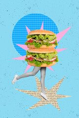 Creative fast food menu restaurant collage concept advertisement woman caricature hamburger eating...