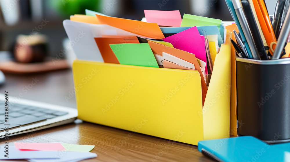 Poster a yellow folder with colorful sticky notes in it