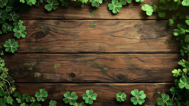 Lush Four-Leaf Clovers Bordering Rustic Wooden Background