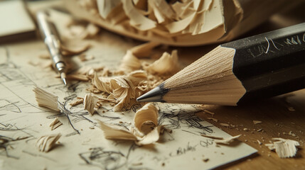 A pencil is on a piece of paper with pencil shavings
