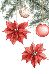 Festive decorations featuring poinsettias and ornaments hanging from evergreen branches