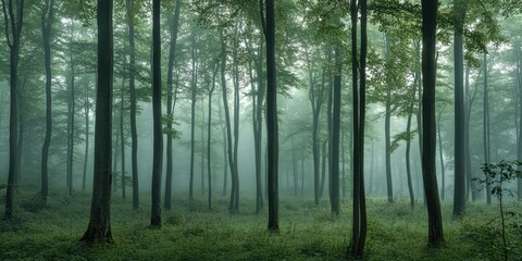 Naklejka premium A serene, misty forest scene filled with tall trees immersed in a lush green environment, perfect for nature lovers.