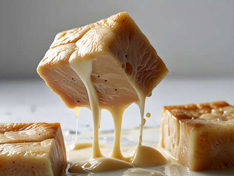 Square Chunks of Cod Meat Dropping Milks with White Background
