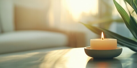 A serene candle illuminating a cozy space, perfect for relaxation and creating a tranquil atmosphere in any home setting.