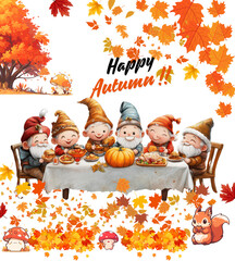 Thanksgiving Gnomes Family, Gnomes with Pumpkin, Autumn Leaves Gnomes, Thanksgiving Gnomes Art, Happy Thanksgiving Gnomes
Pumpkin and Gnome Design, Gnomes in Autumn Leaves, Happy Autumn
