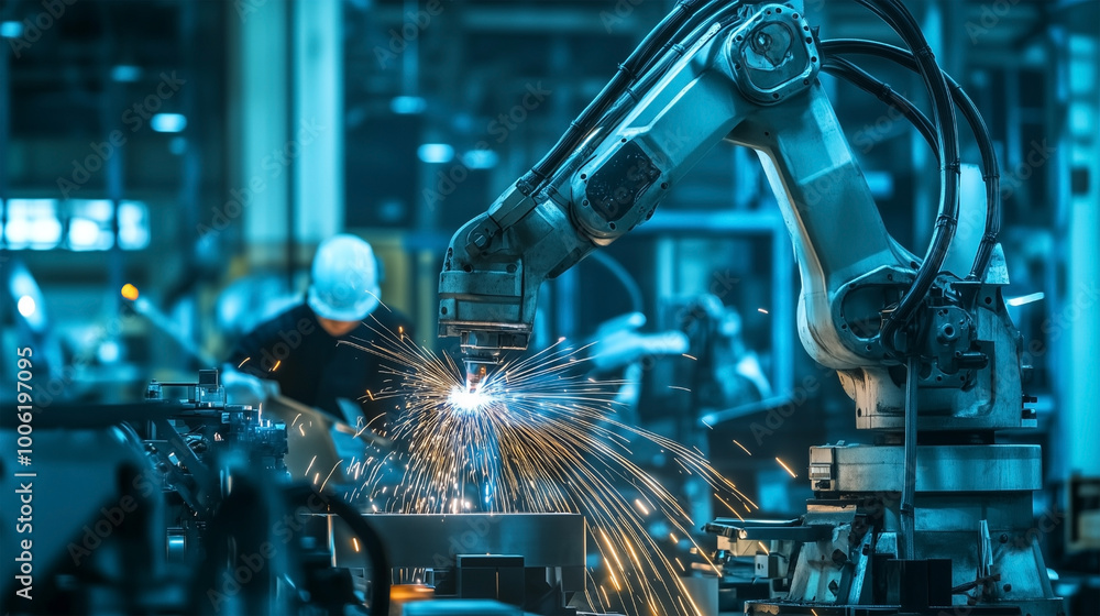 Poster a robot is working in a factory