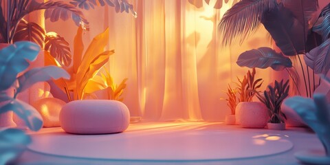 A serene interior scene with vibrant plants and soft lighting, creating a tranquil and inviting atmosphere.
