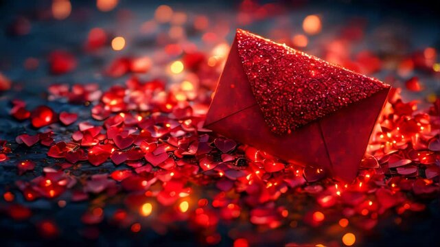 A red envelope placed on vibrant red petals, perfect for Valentine's Day or romantic occasions
