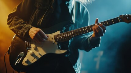 Obraz premium Musician playing guitar studio background soft lighting minimal details