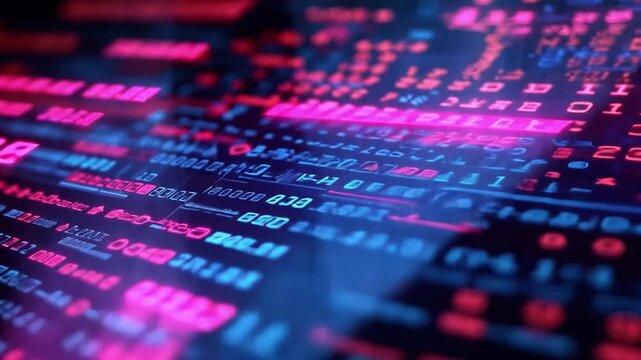 Vibrant digital data stream composed of binary code and symbols in blue and pink hues