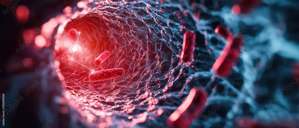 Poster 3d rendering of a bacteria cell in a digital network environment.