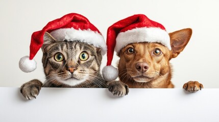 festive scene featuring a cat and a dog peeking over a blank white banner both wearing Santa hats isolated on white background