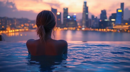 close up of woman with their back to the viewer, sitting in an infinity pool with a view of a city skyline