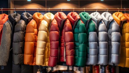 A collection of stylish puffy jackets hangs neatly in an urban store, showcasing a variety of colors and textures, beautifully illuminated by natural light
