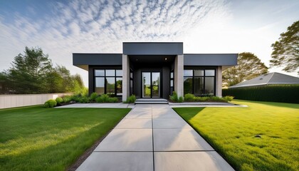 Naklejka premium A contemporary house features a symmetrical front view with black windows and a concrete walkway leading to a vibrant grassy yard