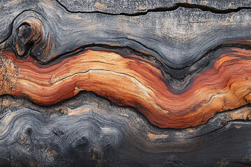 A close-up view of a textured wooden surface showcasing rich colors and natural patterns with black...