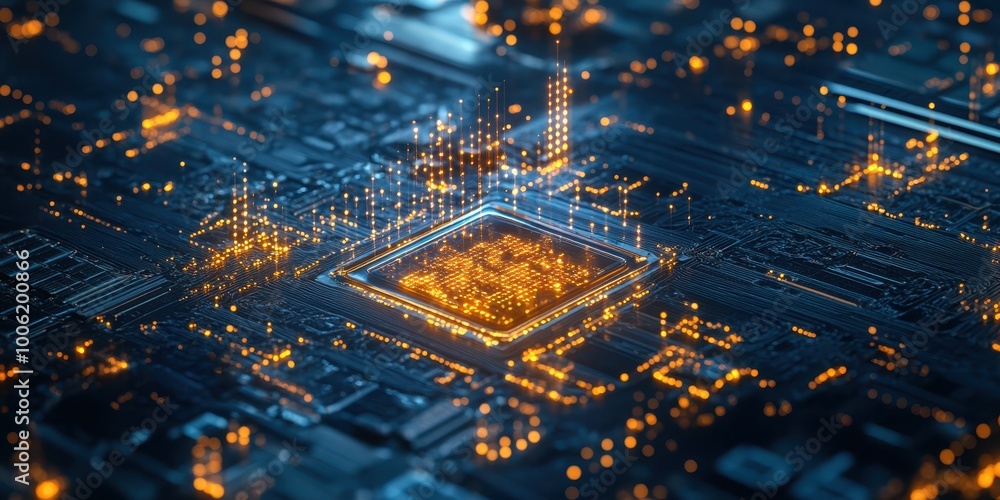 Poster a stunning aerial view of a glowing microchip with intricate circuits and lights representing advanc