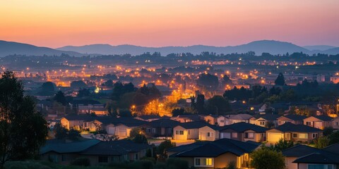 A stunning aerial view of a vibrant suburban landscape at sunset, showcasing glowing lights and serene mountains in the distance.