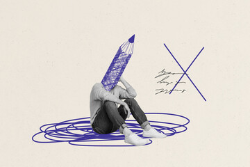 Creative collage image young headless man sit pencil author writer drawing doodles crossed sign...