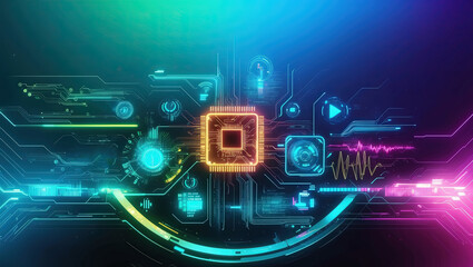 Obraz premium Digital abstract background. Futuristic Digital Landscapes with Vibrant Neon Elements, AI, Cyber, Tech, Science