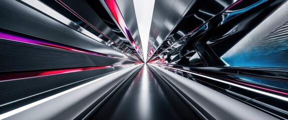 Futuristic tunnel with dynamic lines and vibrant lights, showcasing modern design elements and a sense of depth and speed