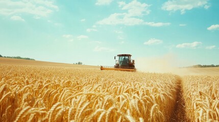 Fototapeta premium Farmer harvesting wheat in field, bright day, clean background, minimal elements, copy space
