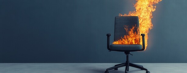Office chair on fire against dark background, symbolizing stress, crisis, or urgent situation in workplace environment.